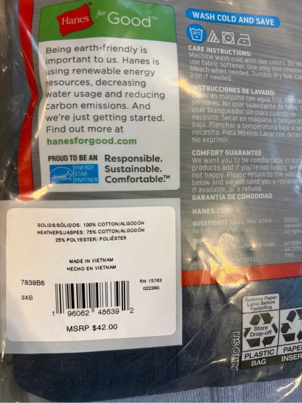 3XB Hanes Big Man 2 6-Pack Ultimate Tagless Briefs — Blue, Gray & Black, NEW